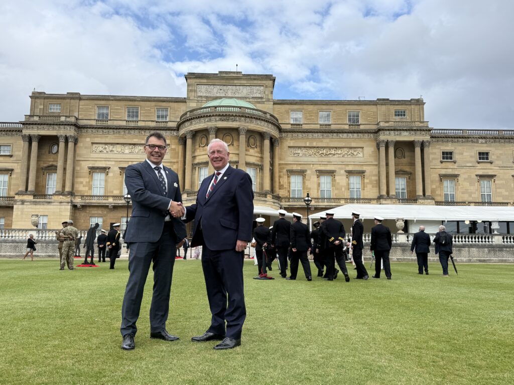 Peter Hewitt, Co-Chair of UDSS, and Richard Walker OBE, Chief Executive of The Not Forgotten, outside Buckingham Palace.